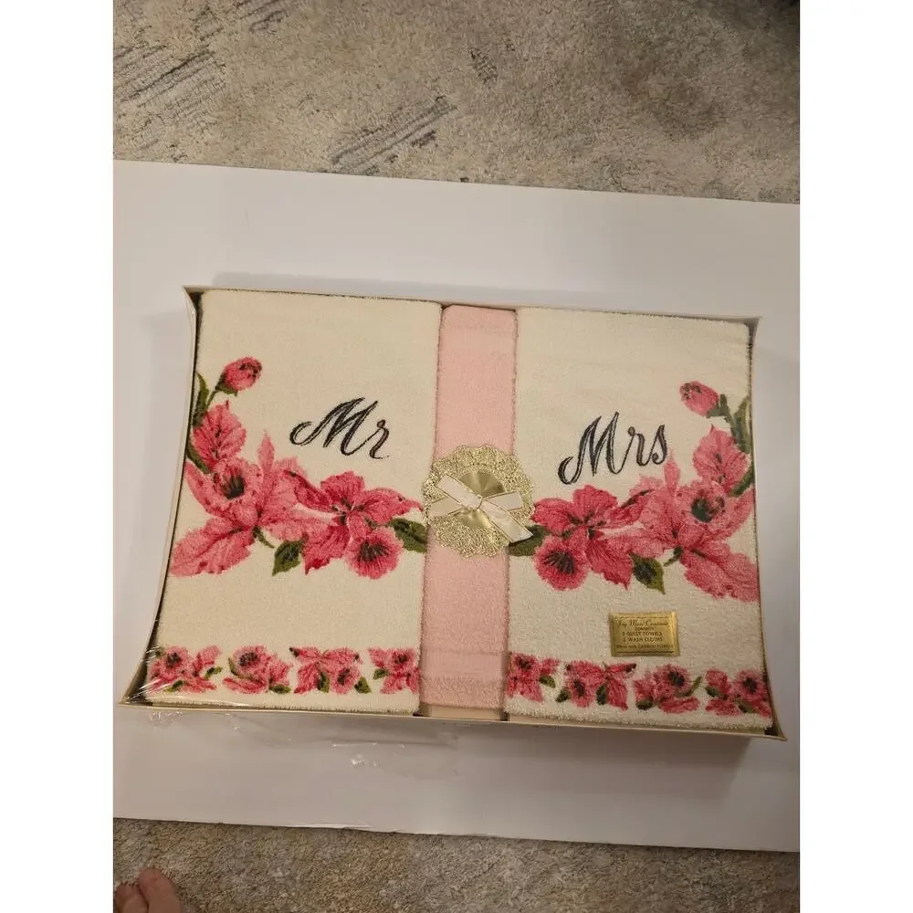 Vintage Jay-Marc MCM Pink Mr & Mrs Towel Set Sealed In Box Cannon Towels Wedding